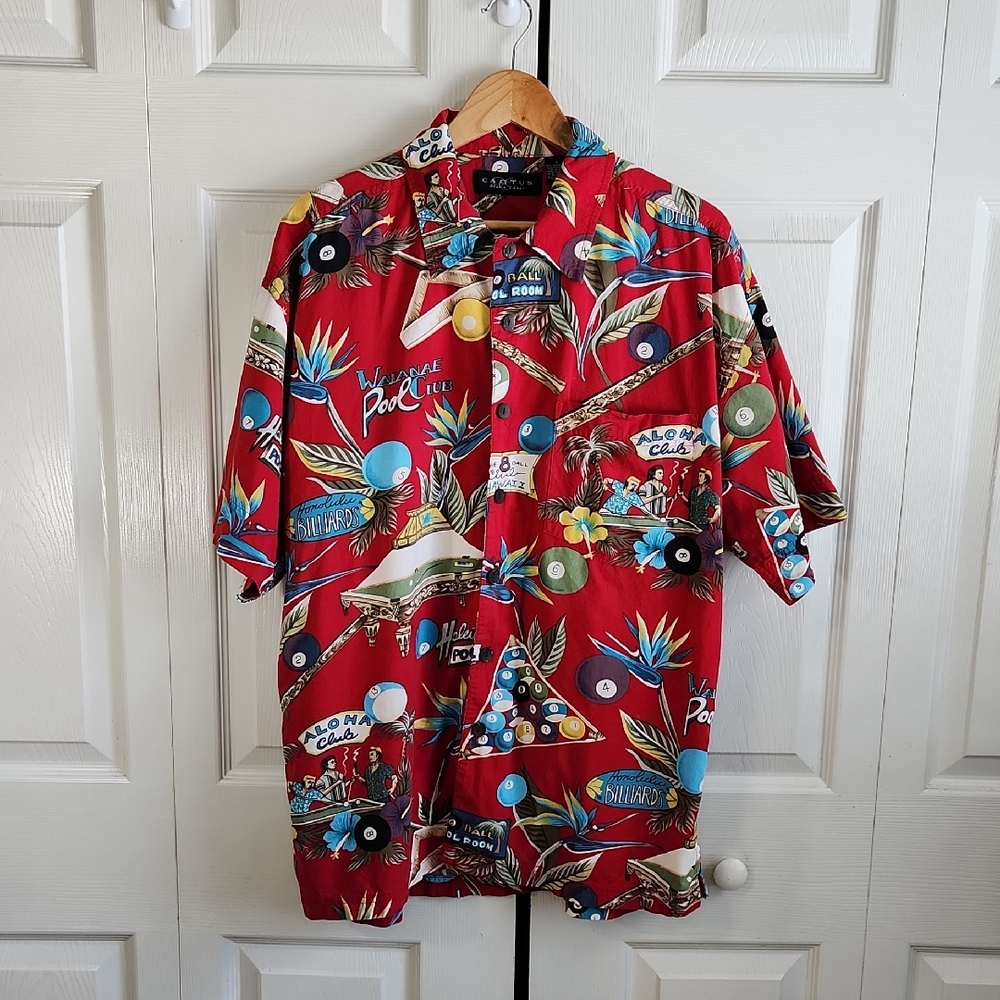 Vintage Cactus Black Label Red Pool Room Eight Ball Button Up Shirt‎ Size LG